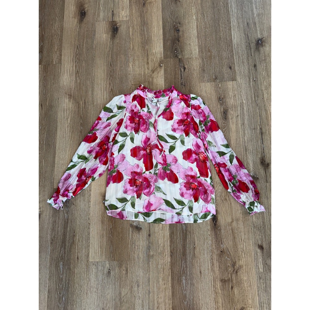 Joie Boho Floral Blouse Women XS Pink Red Striped Metallic Ruffle Tie Neck Top